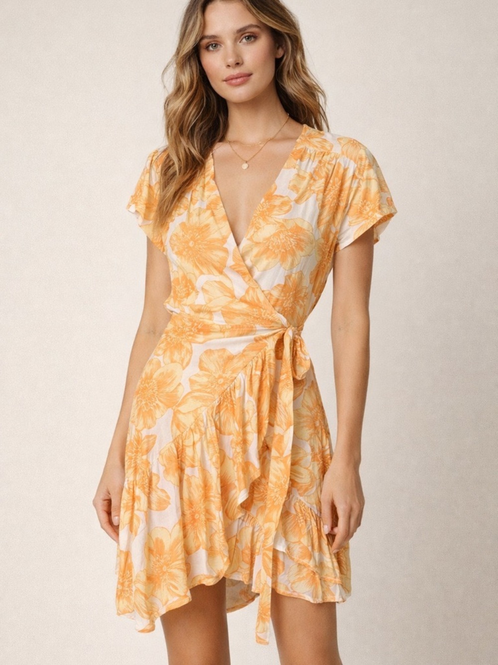 XIX-PALMS - Yellow Floral Wrap Mini Dress with Tie Waist
